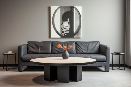 Sofa against a wall in a mixed style interior decoration composition.の素材