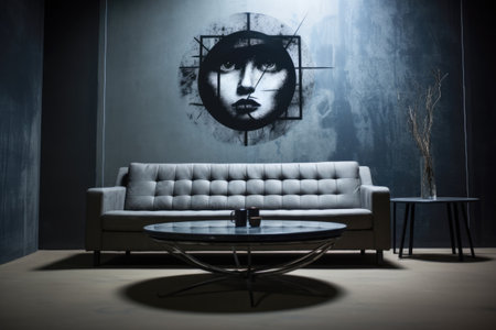 Sofa against a wall in a mixed style interior decoration composition.の素材