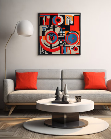 Sofa against a wall in a mixed style interior decoration composition.の素材