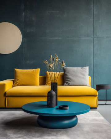 Sofa against a wall in a mixed style interior decoration composition.の素材