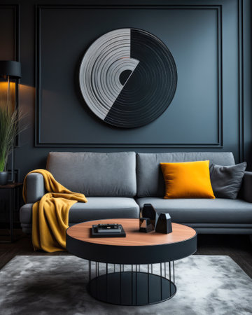 Sofa against a wall in a mixed style interior decoration composition.の素材