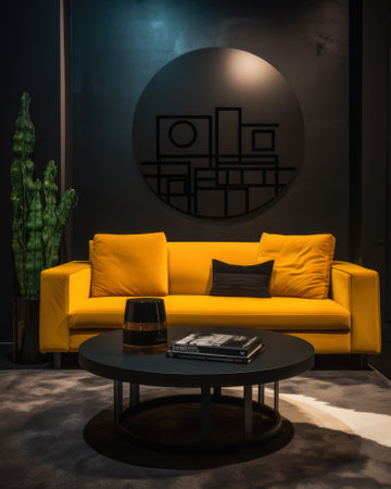 Sofa against a wall in a mixed style interior decoration composition.の素材