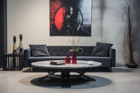 Sofa against a wall in a mixed style interior decoration composition.の素材