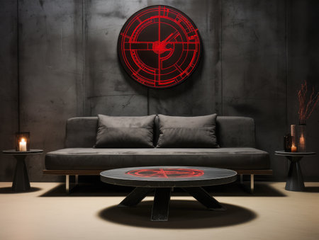 Sofa against a wall in a mixed style interior decoration composition.の素材