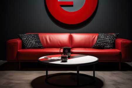 Sofa against a wall in a mixed style interior decoration composition.の素材