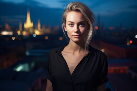 Portrait of an elegant woman on a city rooftop at duskの素材