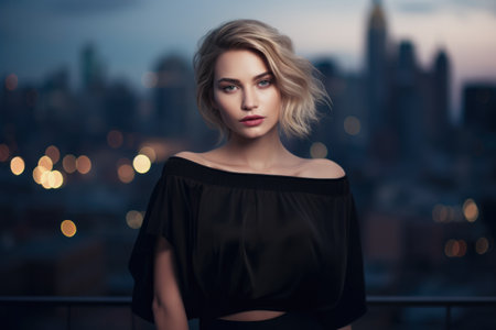 Portrait of an elegant woman on a city rooftop at duskの素材