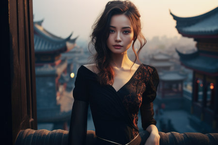 Portrait of an elegant woman on a city rooftop at duskの素材