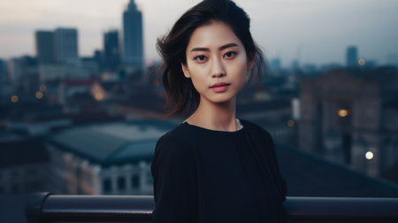Portrait of an elegant Asian young woman with a cityscape backgroundの素材