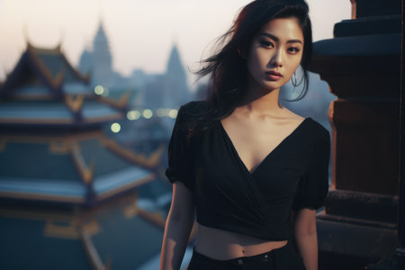 Portrait of an elegant Asian young woman with a cityscape backgroundの素材