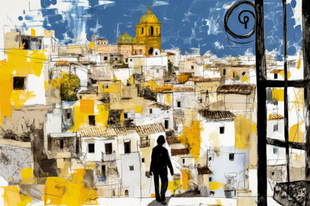 Vibrant urban tapestry: Abstract village paintingの素材