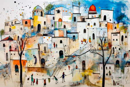 Vibrant urban tapestry: Abstract village paintingの素材