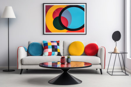 Chic modern living room. Vibrant interior with red accentsの素材