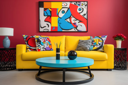 Chic modern living room. Vibrant interior with red accentsの素材