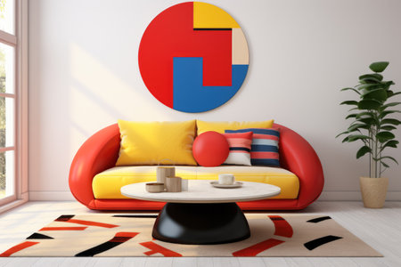 Chic modern living room. Vibrant interior with red accentsの素材