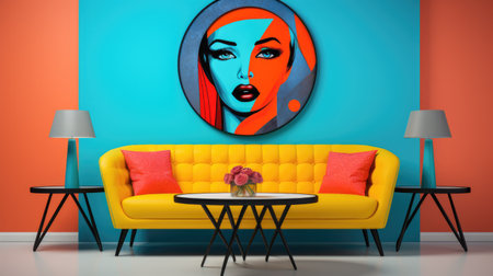 Chic modern living room. Vibrant interior with red accentsの素材