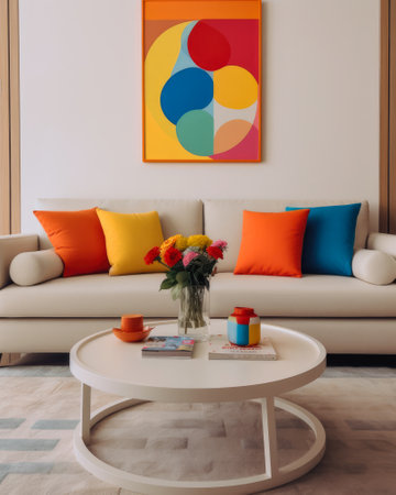 Vibrant chic living space with pastel tones and bold accentsの素材