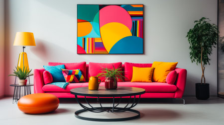 Vibrant chic living space with pastel tones and bold accentsの素材