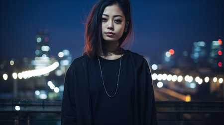 Asian young woman in punk style clothes with the city lights on the backgroundの素材