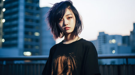Asian young woman in punk style clothes with the city lights on the backgroundの素材