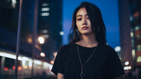 Asian young woman in punk style clothes with the city lights on the backgroundの素材