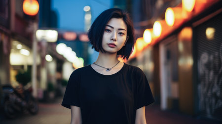 Asian young woman in punk style clothes with the city lights on the backgroundの素材