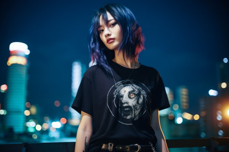 Asian young woman in punk style clothes with the city lights on the backgroundの素材