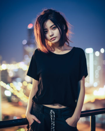 Asian young woman in punk style clothes with the city lights on the backgroundの素材