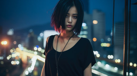 Asian young woman in punk style clothes with the city lights on the backgroundの素材
