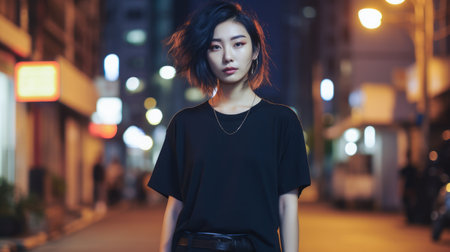 Asian young woman in punk style clothes with the city lights on the backgroundの素材