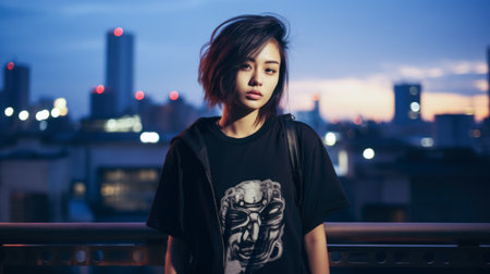 Asian young woman in punk style clothes with the city lights on the backgroundの素材