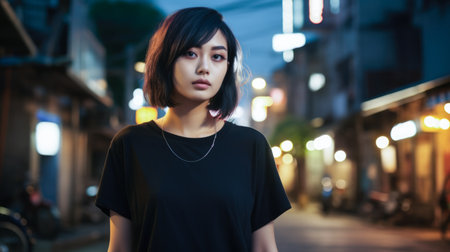Asian young woman in punk style clothes with the city lights on the backgroundの素材