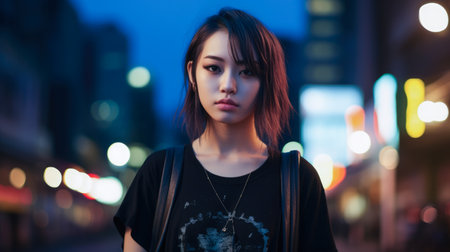 Asian young woman in punk style clothes with the city lights on the backgroundの素材