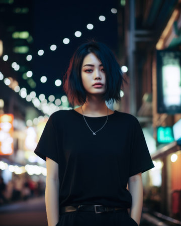 Asian young woman in punk style clothes with the city lights on the backgroundの素材