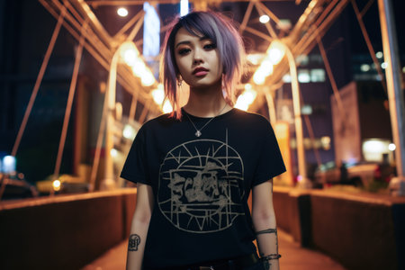 Asian young woman in punk style clothes with the city lights on the backgroundの素材