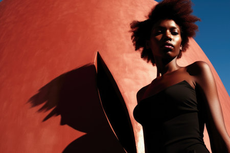African American young woman in a Mediterranean architectural sceneの素材