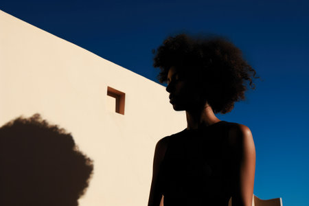 African American young woman in a Mediterranean architectural sceneの素材