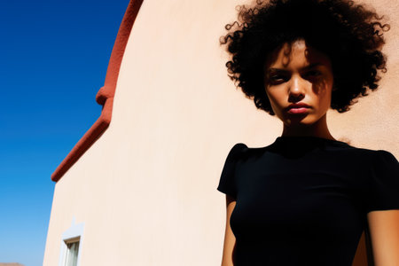 African American young woman in a Mediterranean architectural sceneの素材