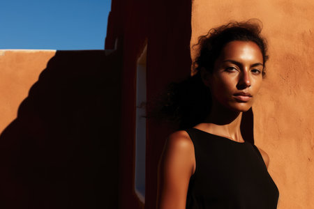 African American young woman in a Mediterranean architectural sceneの素材