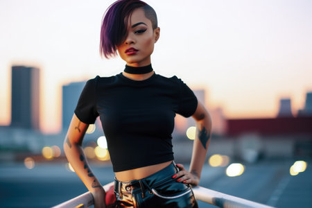 Confident young woman with a vibrant punk-inspired hairstyleの素材