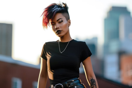 Confident young woman with a vibrant punk-inspired hairstyleの素材