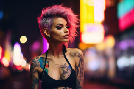 Confident young woman with a vibrant punk-inspired hairstyle in a cityscapeの素材