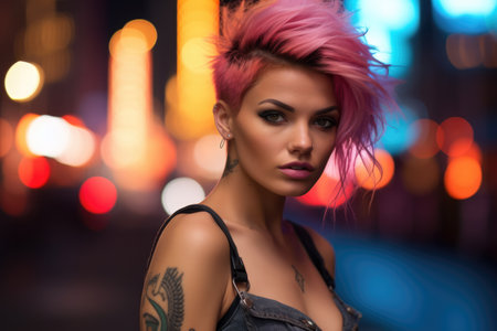 Confident young woman with a vibrant punk-inspired hairstyle in a cityscapeの素材