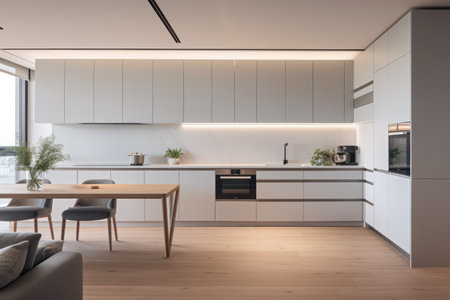 Sleek minimalism design in a modern kitchen with natural accentsの素材