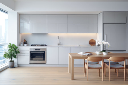 Sleek minimalism design in a modern kitchen with natural accentsの素材