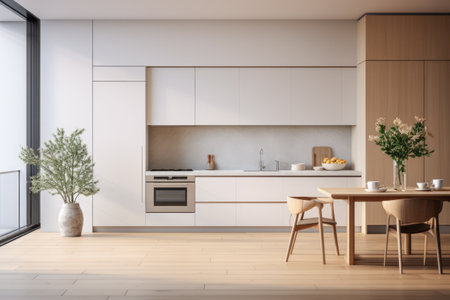 Sleek minimalism design in a modern kitchen with natural accentsの素材