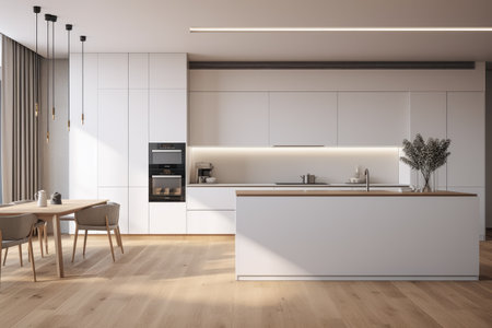 Luminous modern kitchen in a minimalist interior design compositionの素材