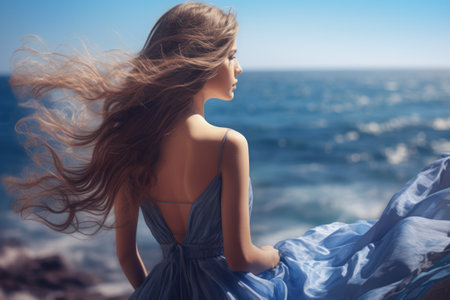 Elegant young woman standing by the seaside with the hair blown by the windの素材