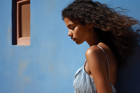 Graceful woman with dynamic Afro hairstyle against blue backgroundの素材