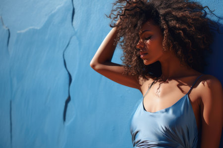 Graceful woman with dynamic Afro hairstyle against blue backgroundの素材